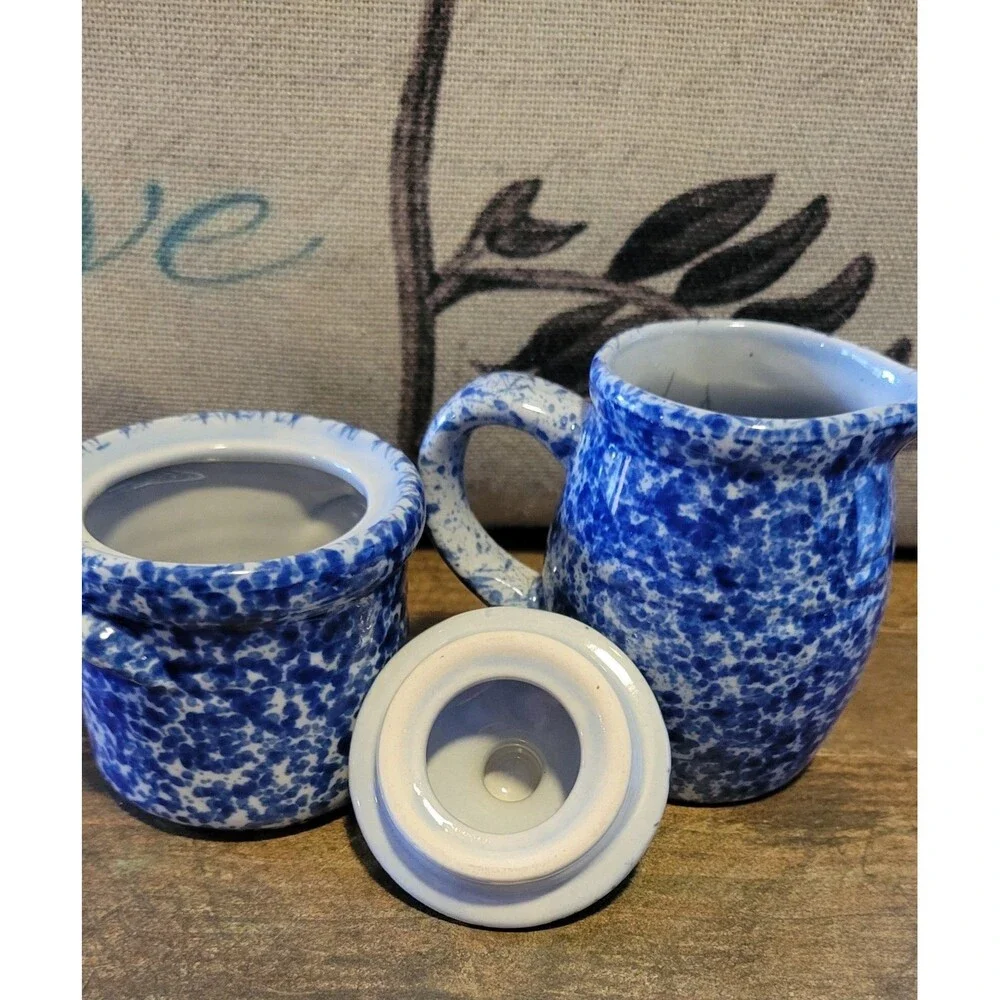 Adorable Blue and White Spongeware Sugar Bowl & Creamer Set - 1950's